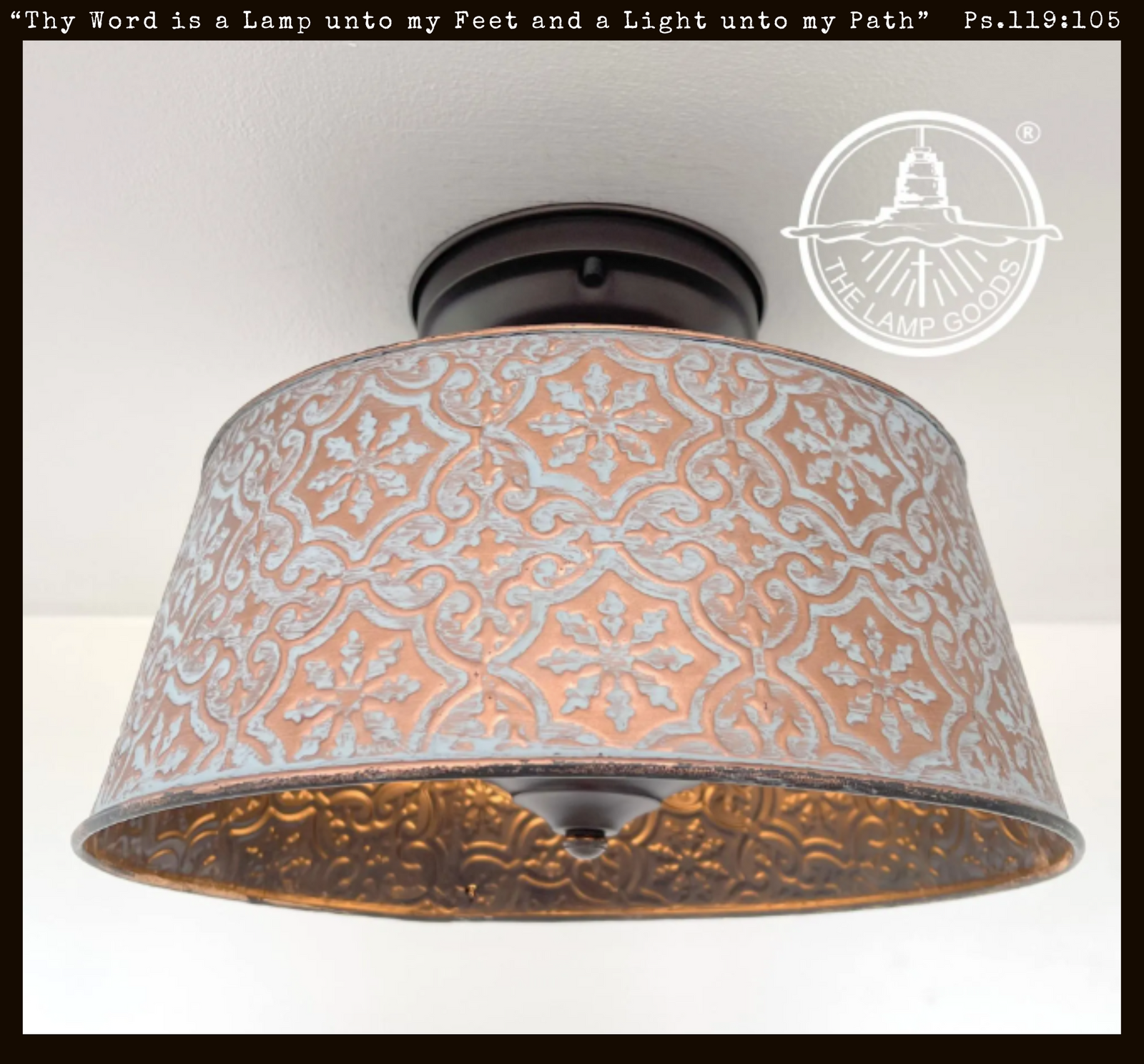Ornate copper farmhouse ceiling light, 4-bulb, distressed finish, The Lamp Goods
