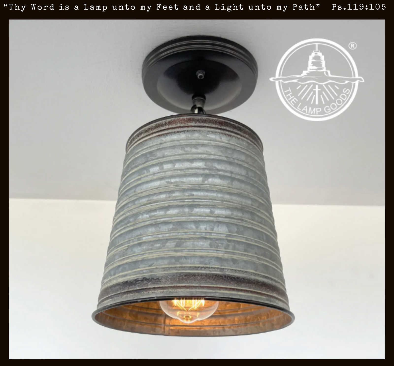 Rustic galvanized metal pendant light, corrugated barn design, from The Lamp Goods.
