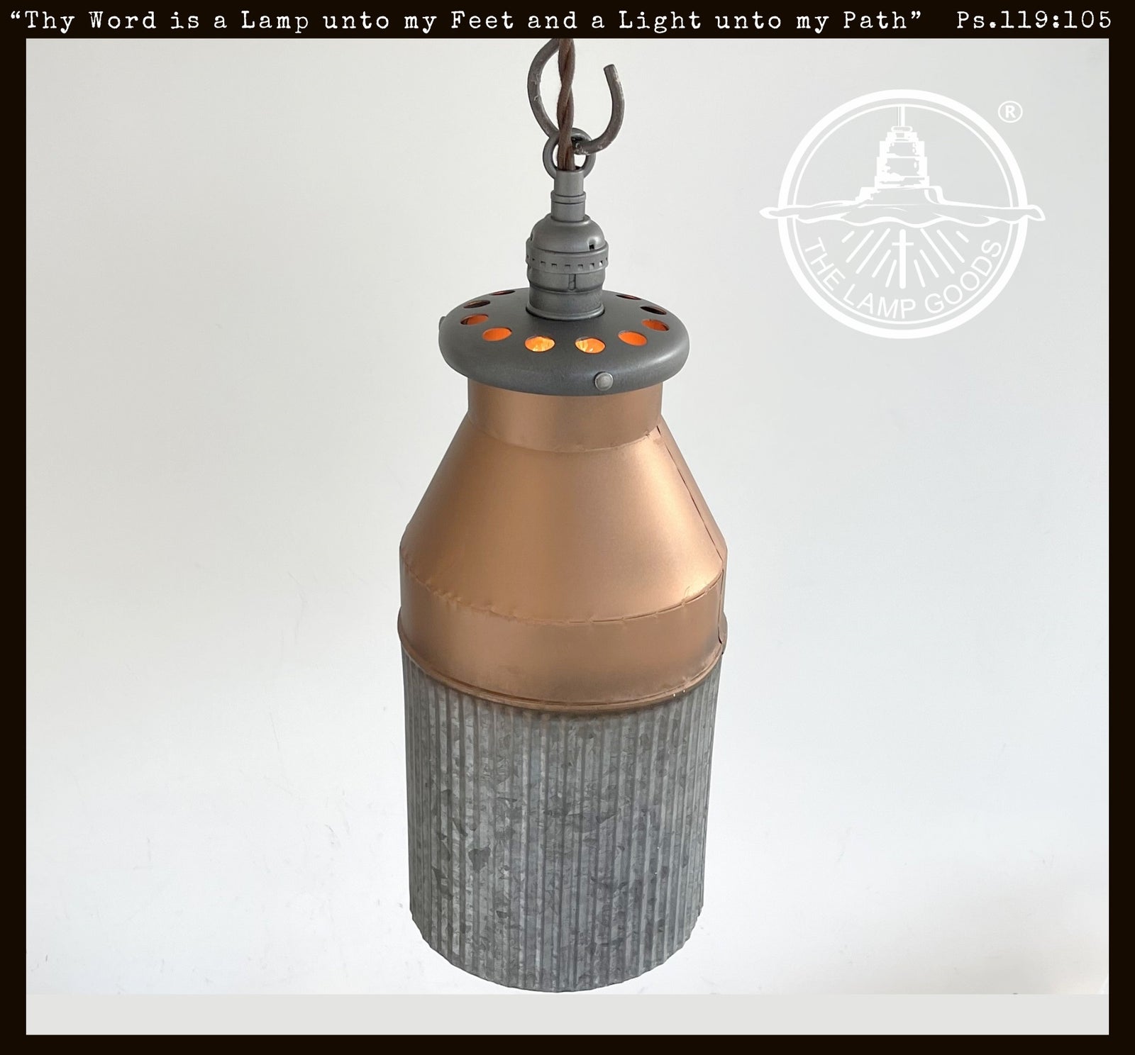 Rustic copper & galvanized metal barn pendant light, milk can design.
