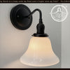 Antique 1930s milk glass wall sconce, black metal, The Lamp Goods
