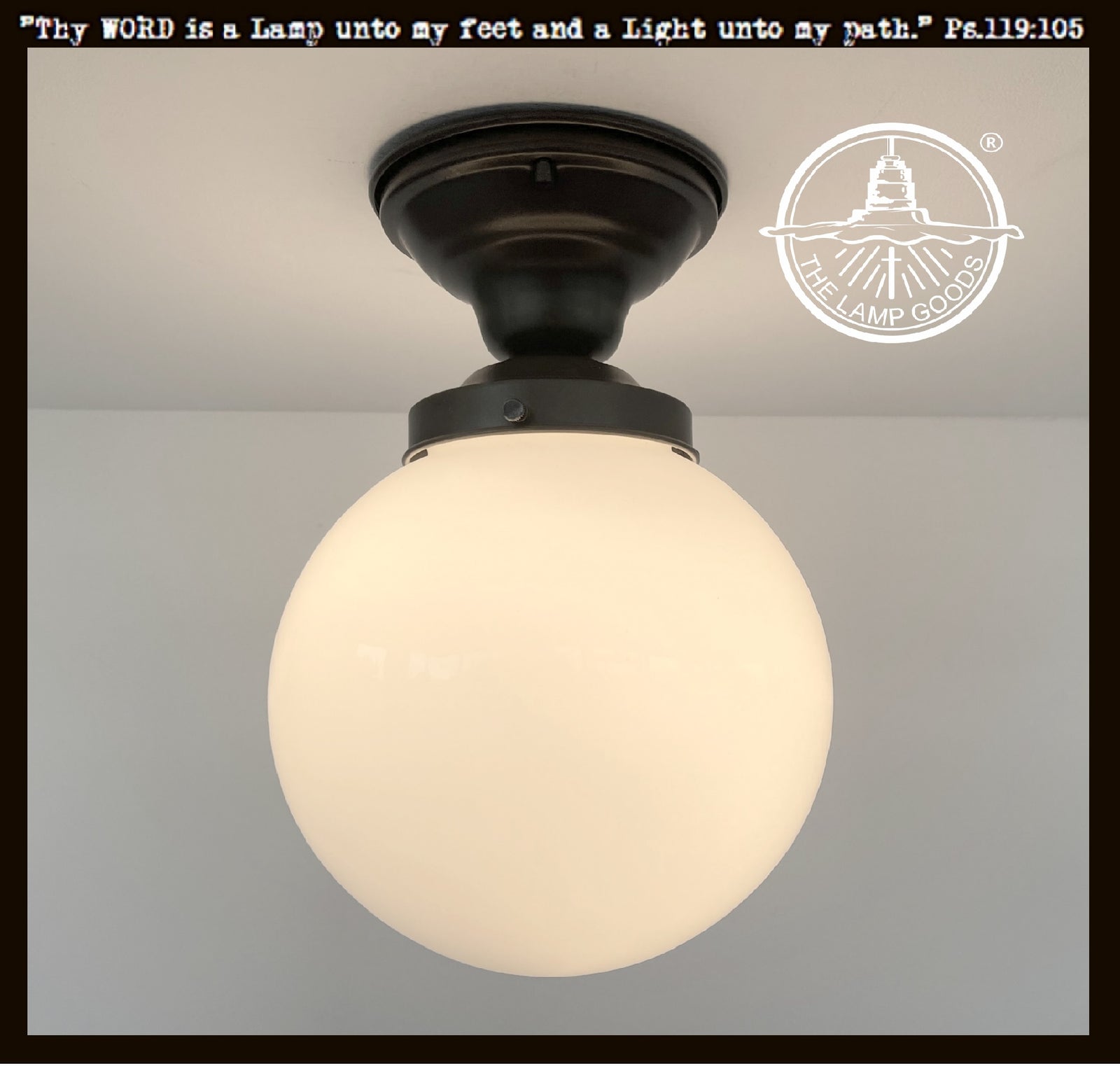 Modern Milk Glass 8" GLOBE Ceiling Light by The Lamp Goods; matte white glass shade, black metal fitting.
