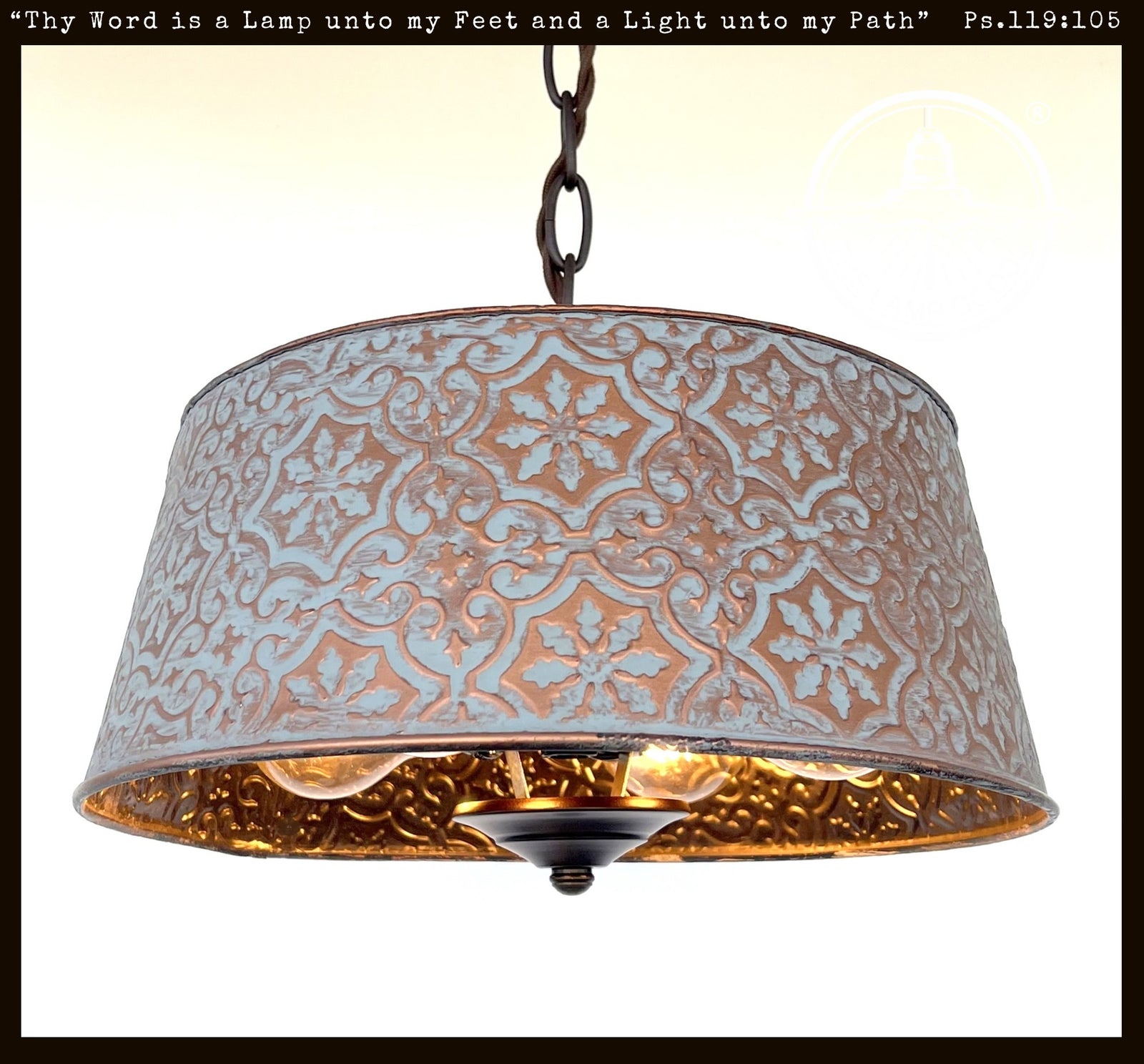 Ornate copper farmhouse chandelier with distressed blue & copper patina, ornate design.
