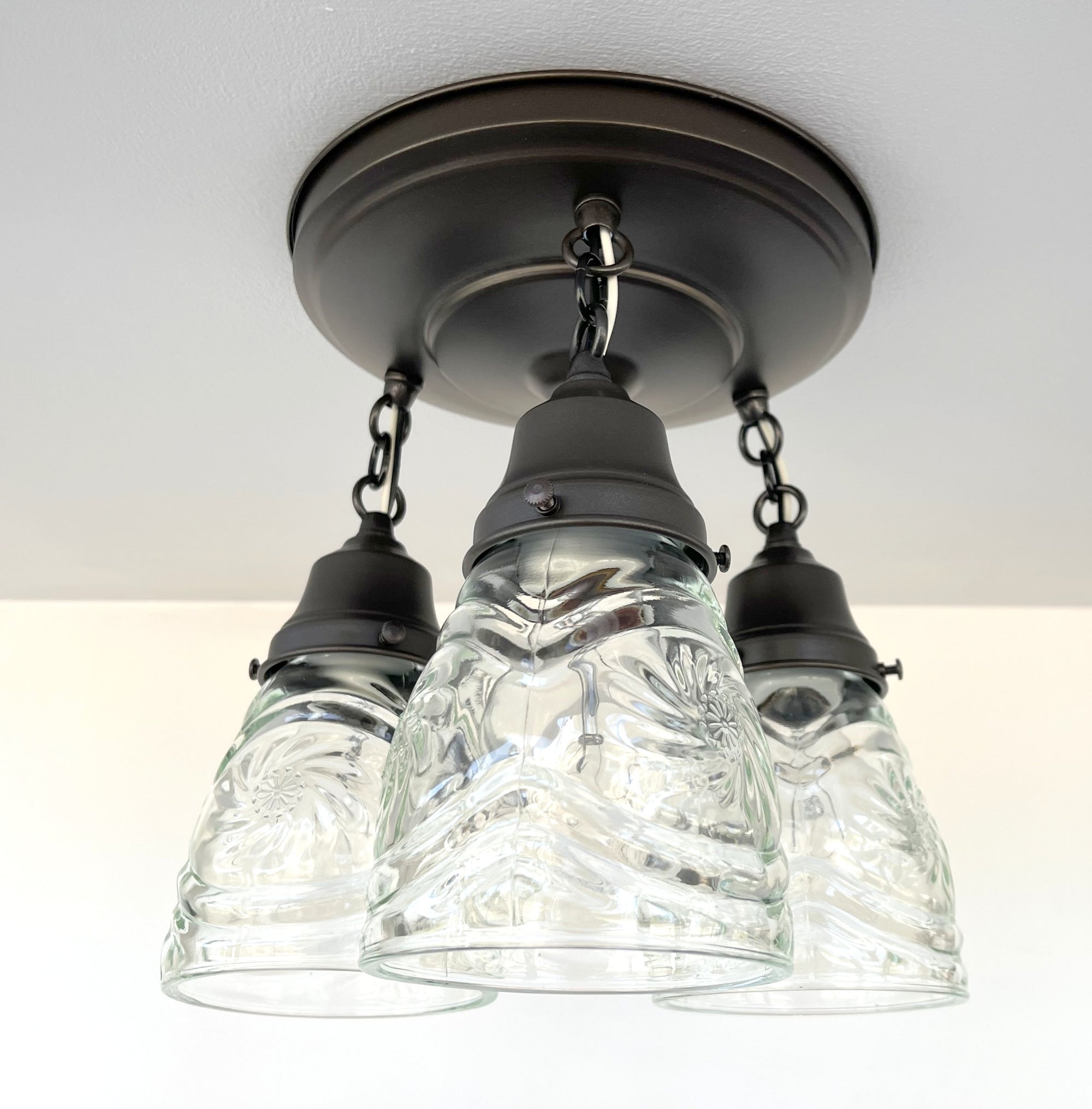 Pressed 1960's Glass Ceiling Light Fixtures Chain Trio