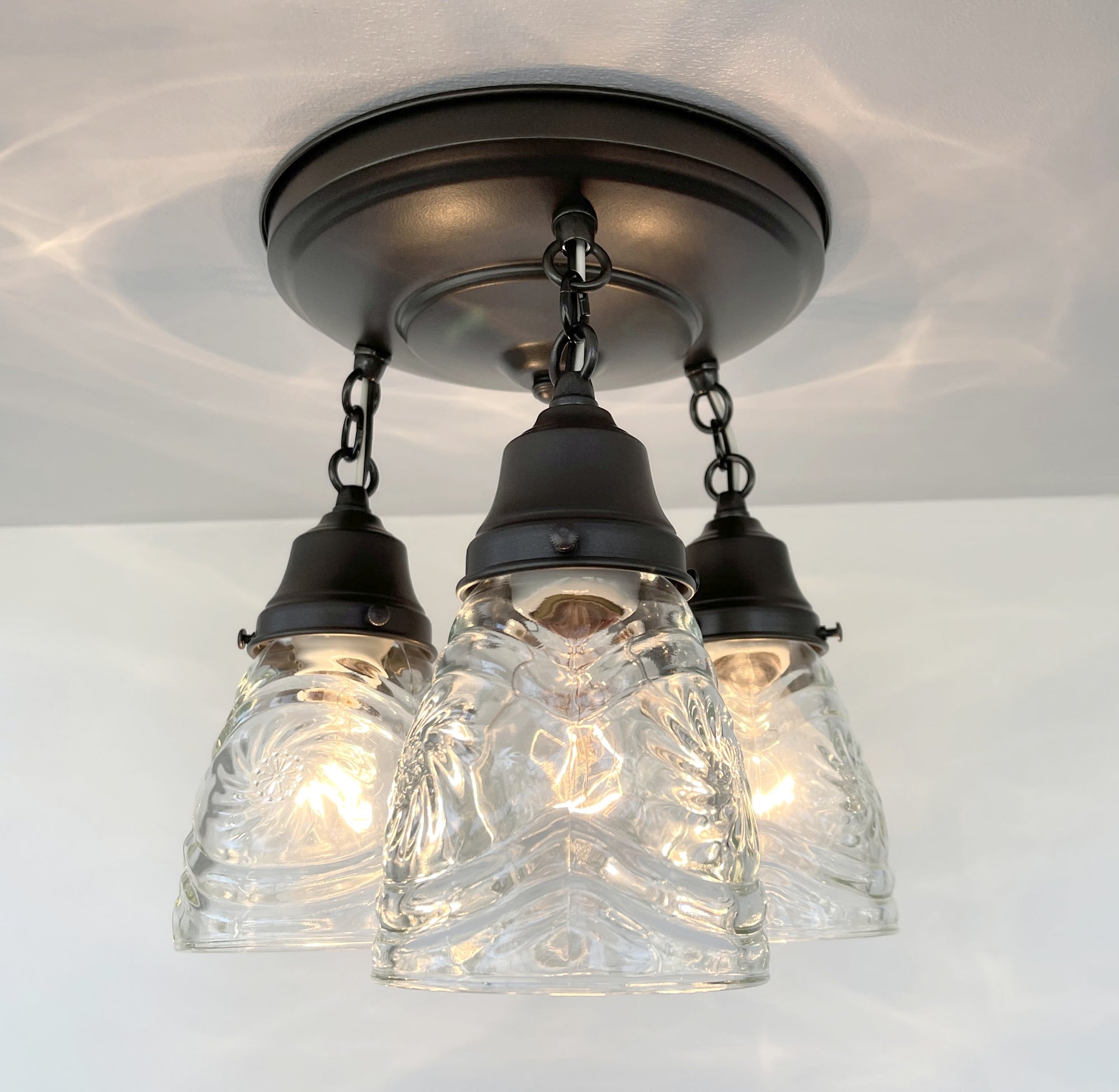 Pressed 1960's Glass Ceiling Light Fixtures Chain Trio