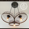 Rustic Industrial Cage CHANDELIER TRIO light fixture, three-light design, reclaimed metal, Edison bulbs.
