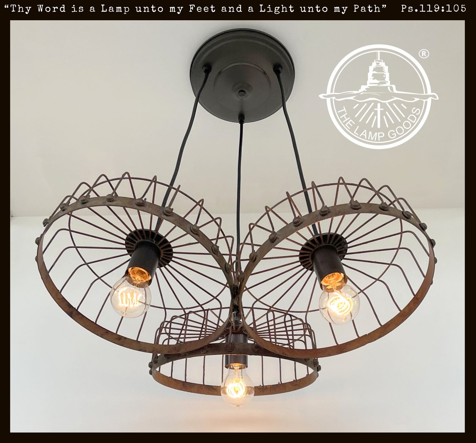 Rustic Industrial Cage CHANDELIER TRIO light fixture, three-light design, reclaimed metal, Edison bulbs.
