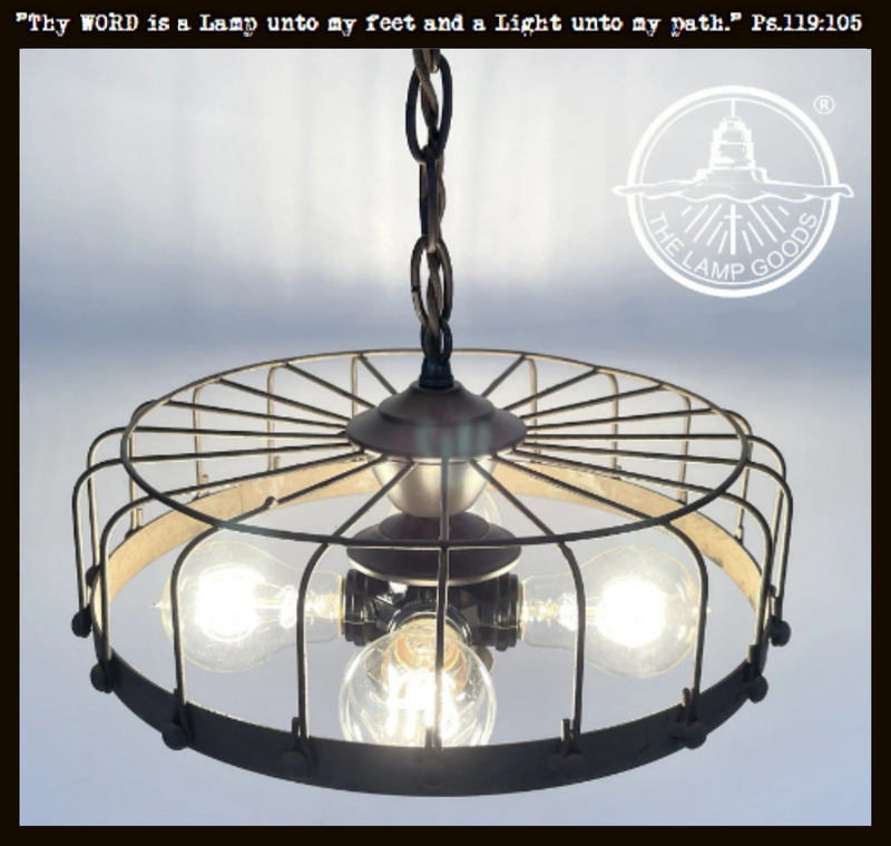 Rustic industrial cage chandelier, 3-light, metal frame, The Lamp Goods
