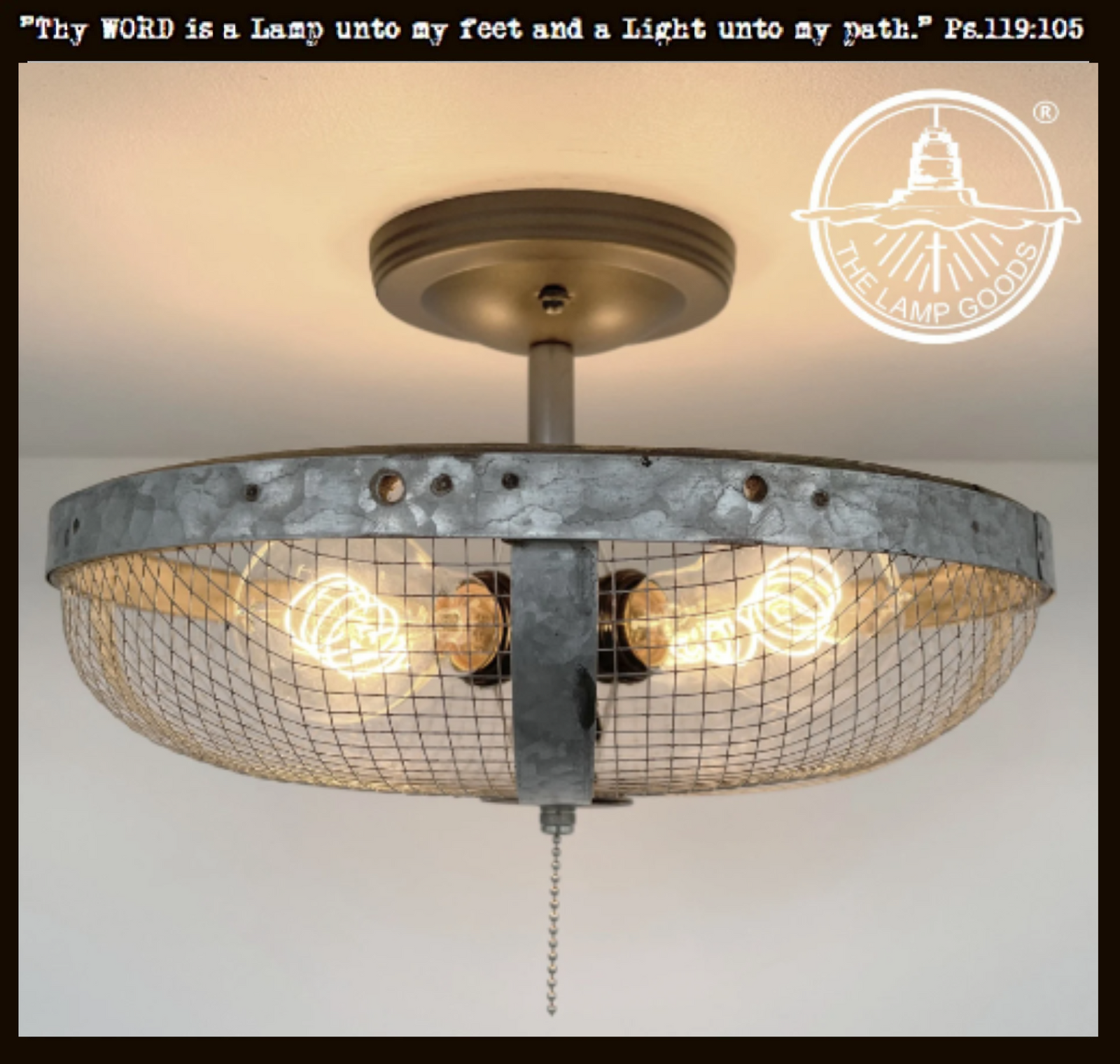 Industrial farmhouse flush mount ceiling light with galvanized metal shade and wire mesh.
