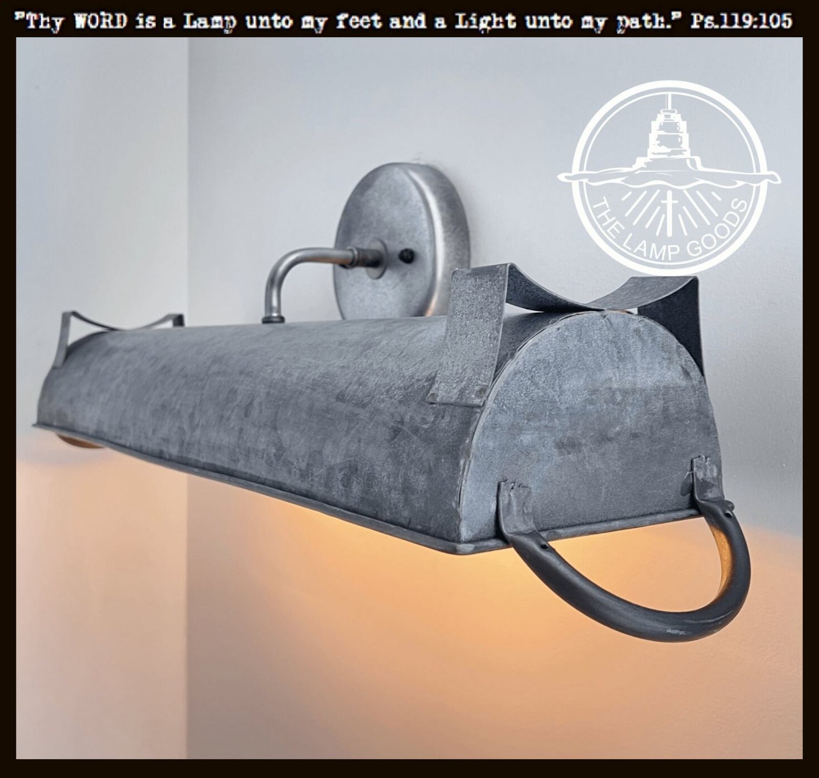 Galvanized 28" farmhouse dome wall vanity light fixture from The Lamp Goods; grey metal,  industrial style bathroom lighting.
