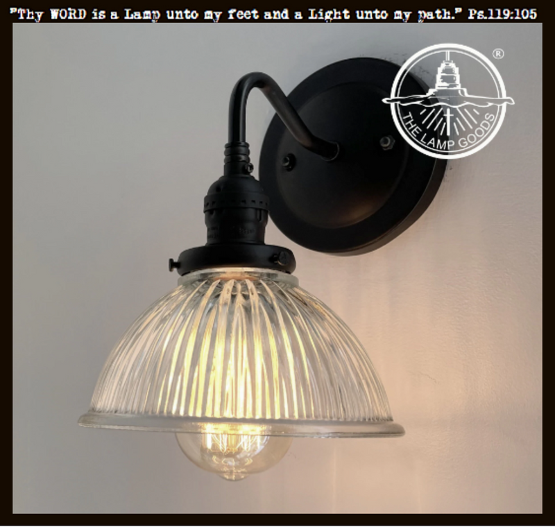 Glass wall sconce with ribbed Holophane shade, black metal, The Lamp Goods.
