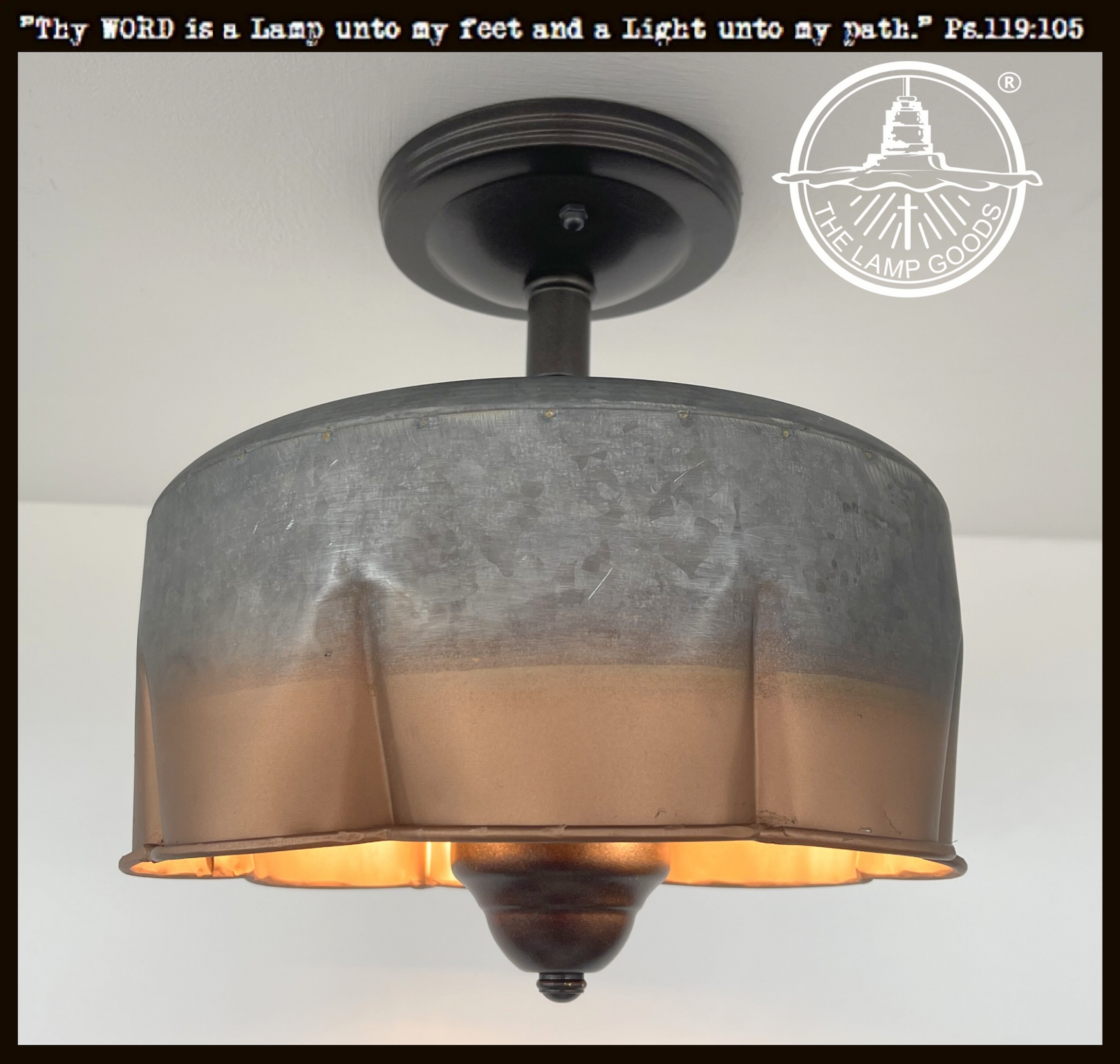 Galvanized metal ceiling light with copper accents from The Lamp Goods.
