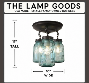 Vintage Blue Mason Jar Ceiling Lighting Fixture Chain Trio - The Lamp Goods