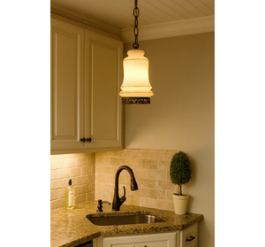 Vintage Milk Glass Gold-Banded Pendant Light with Filigree Base