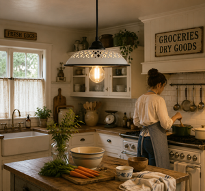 Vintage White Enamel Bread Basket Pendant Light