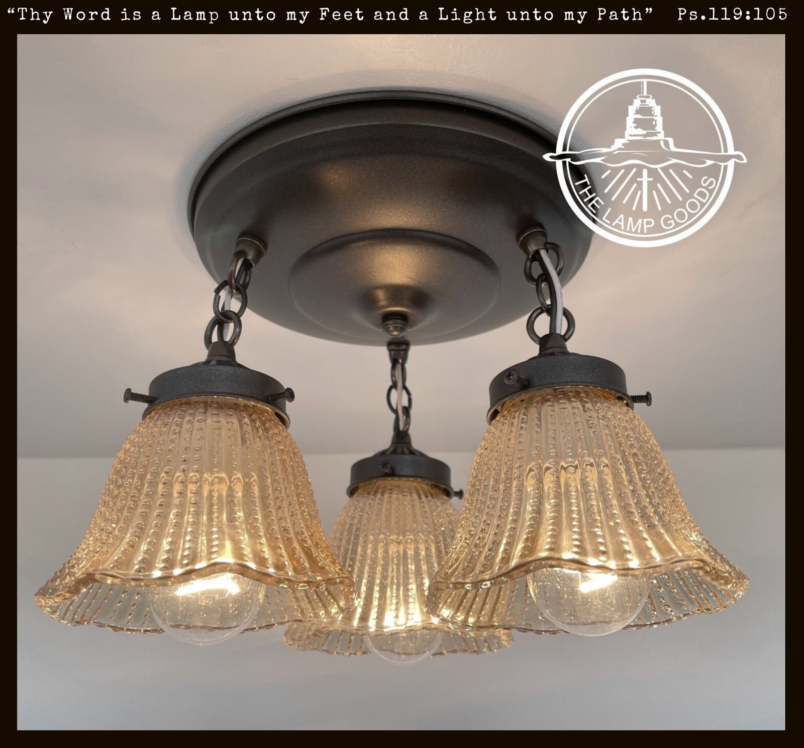 Antique amber 1930s Holophane hobnail glass ceiling light; 3-light fixture.
