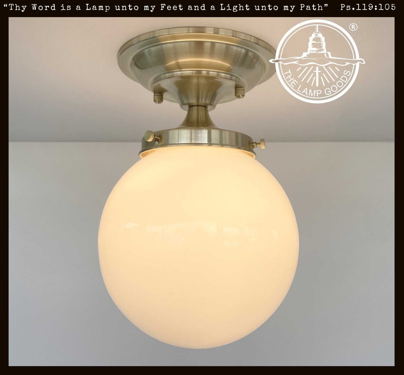 Brass Modern Milk Glass Ceiling Light, opal flush mount fixture with warm light.
