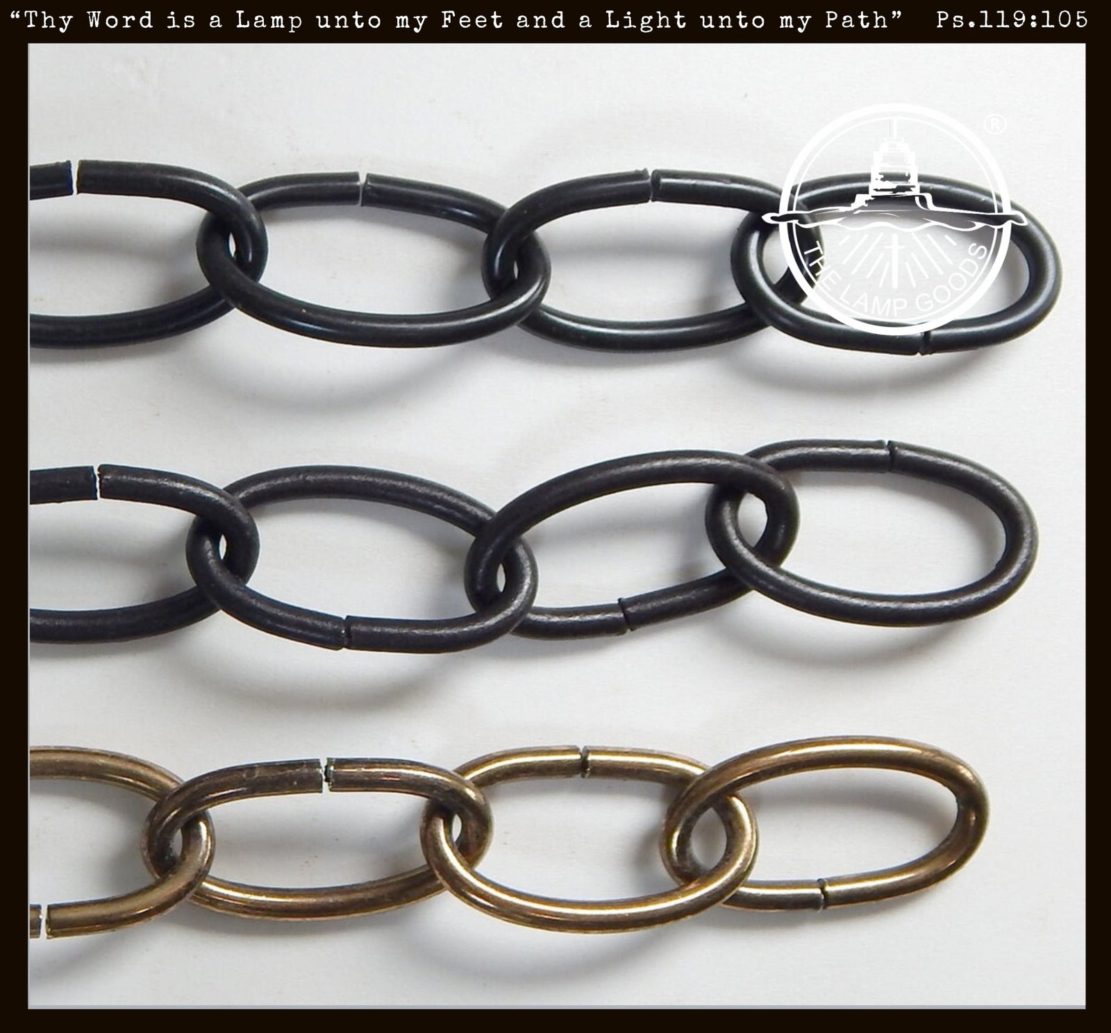 Black, brass, and antique brass chain, sold per foot; for lighting fixtures.

