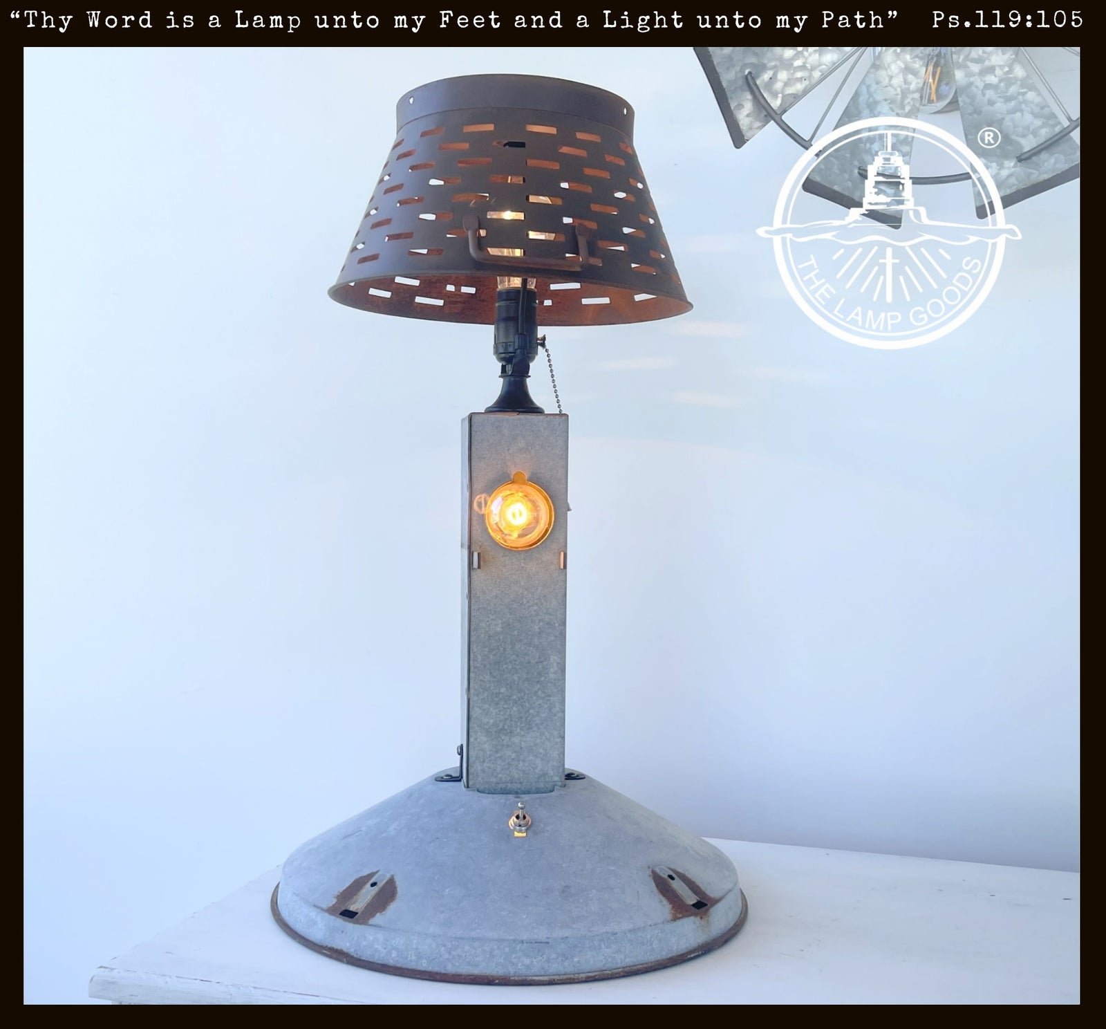 Antique chicken feeder lamp, repurposed as unique farmhouse table lamp with galvanized metal base.
