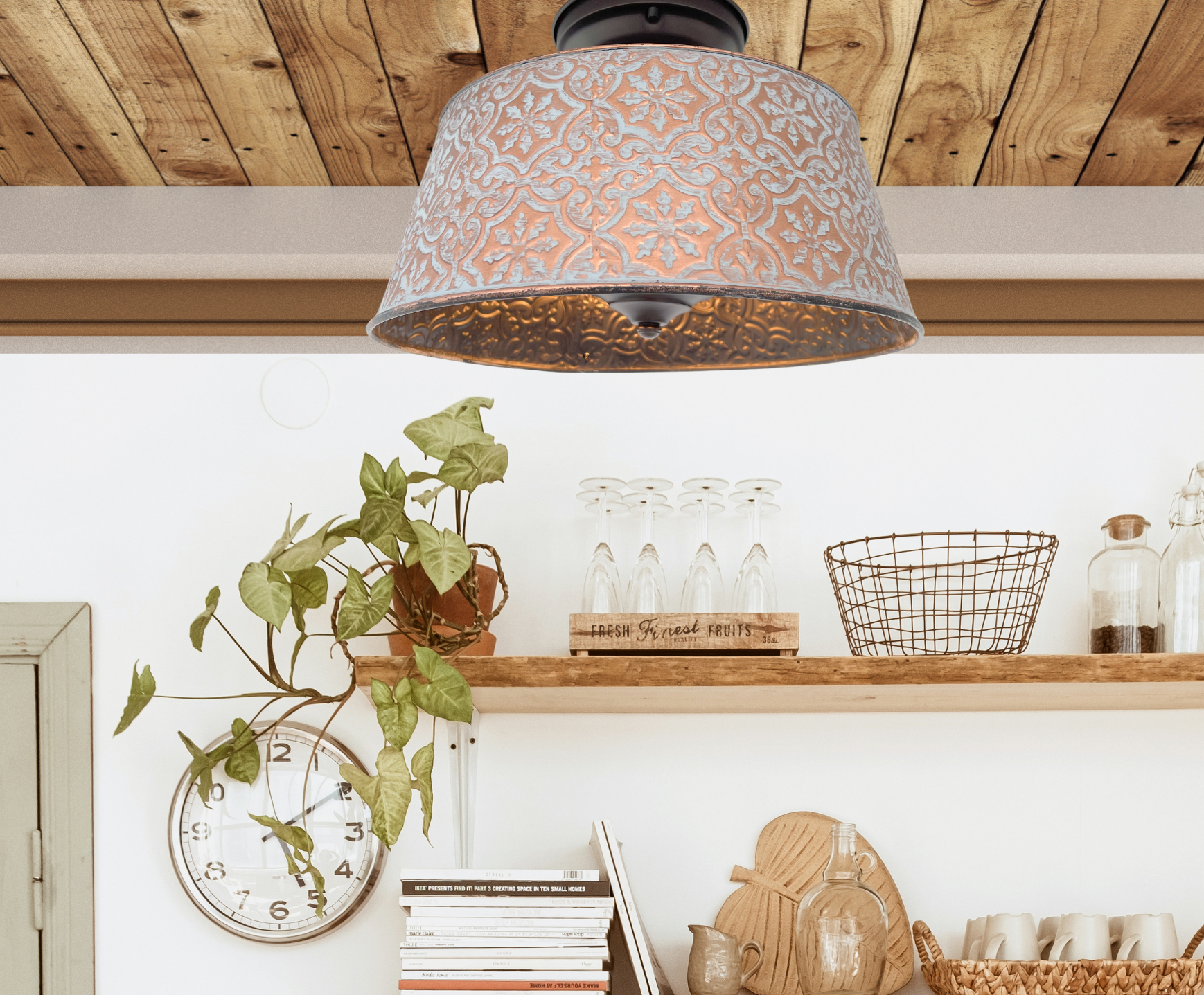 Copper farmhouse ceiling light fixture with distressed finish, hanging in a rustic kitchen setting.
