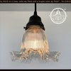 Antique Holophane ruffle glass pendant light, 1930s, clear glass with bronze fitting.
