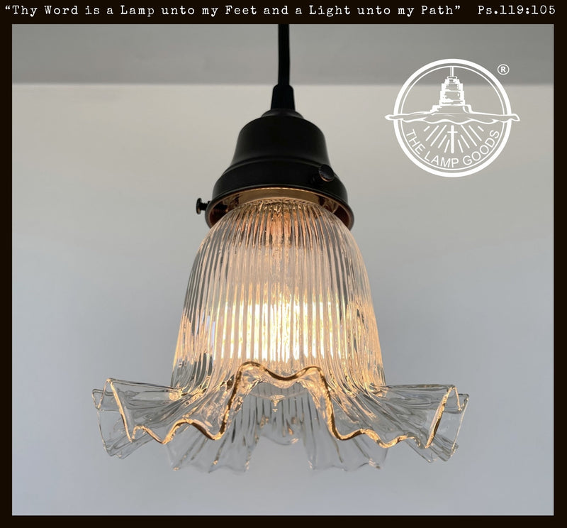 Antique Holophane ruffle glass pendant light, 1930s, clear glass with bronze fitting.
