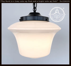 DISTINGUISHED Large 1940s SCHOOLHOUSE Milk Glass PENDANT Light