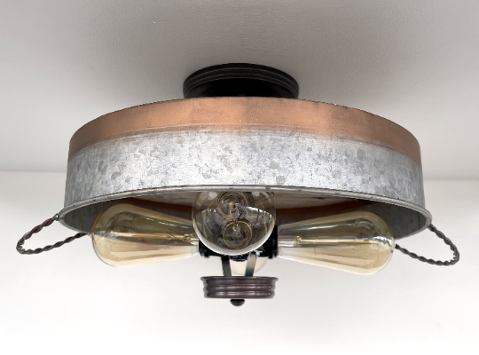 Modern Farmhouse Galvanized & Copper Tone Metal Flat Tub Ceiling Light Wood Accents