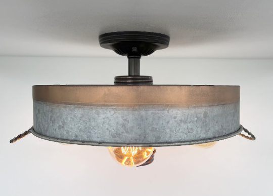 Modern Farmhouse Galvanized & Copper Tone Metal Flat Tub Ceiling Light Wood Accents