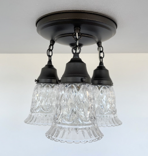 Heavy Antique PRESSED Glass Ceiling Light Fixtures Chain Trio