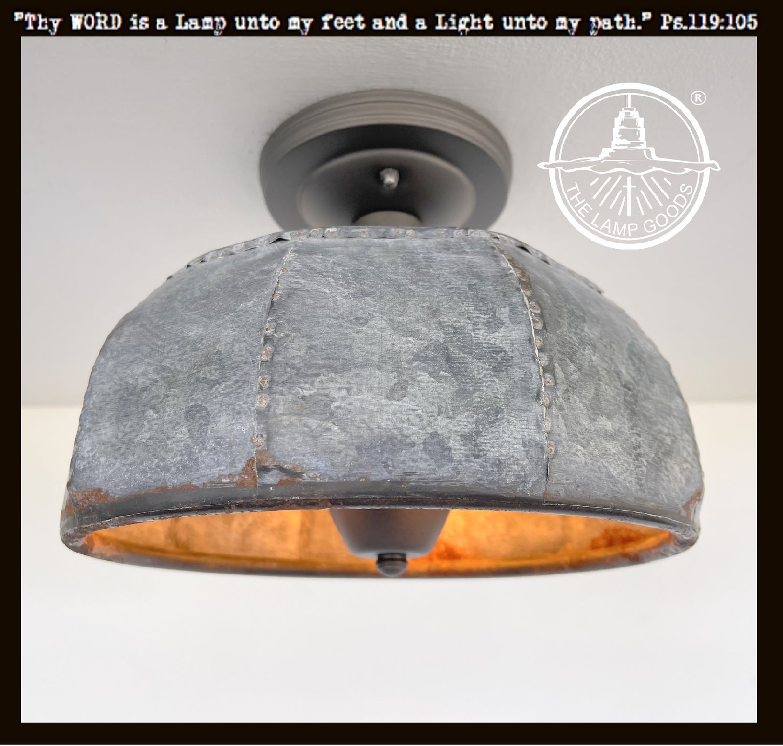 Rustic metal farmhouse ceiling light, eight-sided, from The Lamp Goods.
