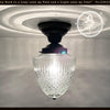 1950s authentic mid-century glass ceiling light, large tapered diamond pattern, black metal fixture.
