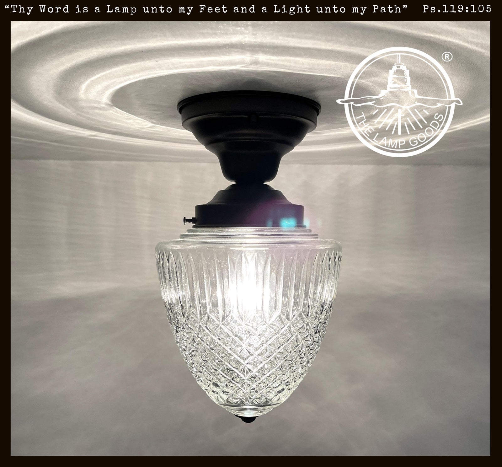 1950s authentic mid-century glass ceiling light, large tapered diamond pattern, black metal fixture.
