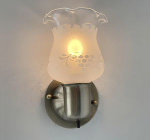 Etched Antique 1960's Glass Wall Sconce Light Fixture with On/Off Switch Antique Brass