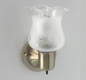 Etched Antique 1960's Glass Wall Sconce Light Fixture with On/Off Switch Antique Brass