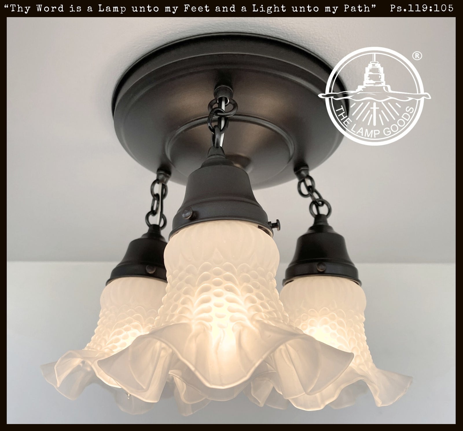 Frosted antique hobnail glass ceiling light, 1950s style, 3-light fixture with ruffled shades.
