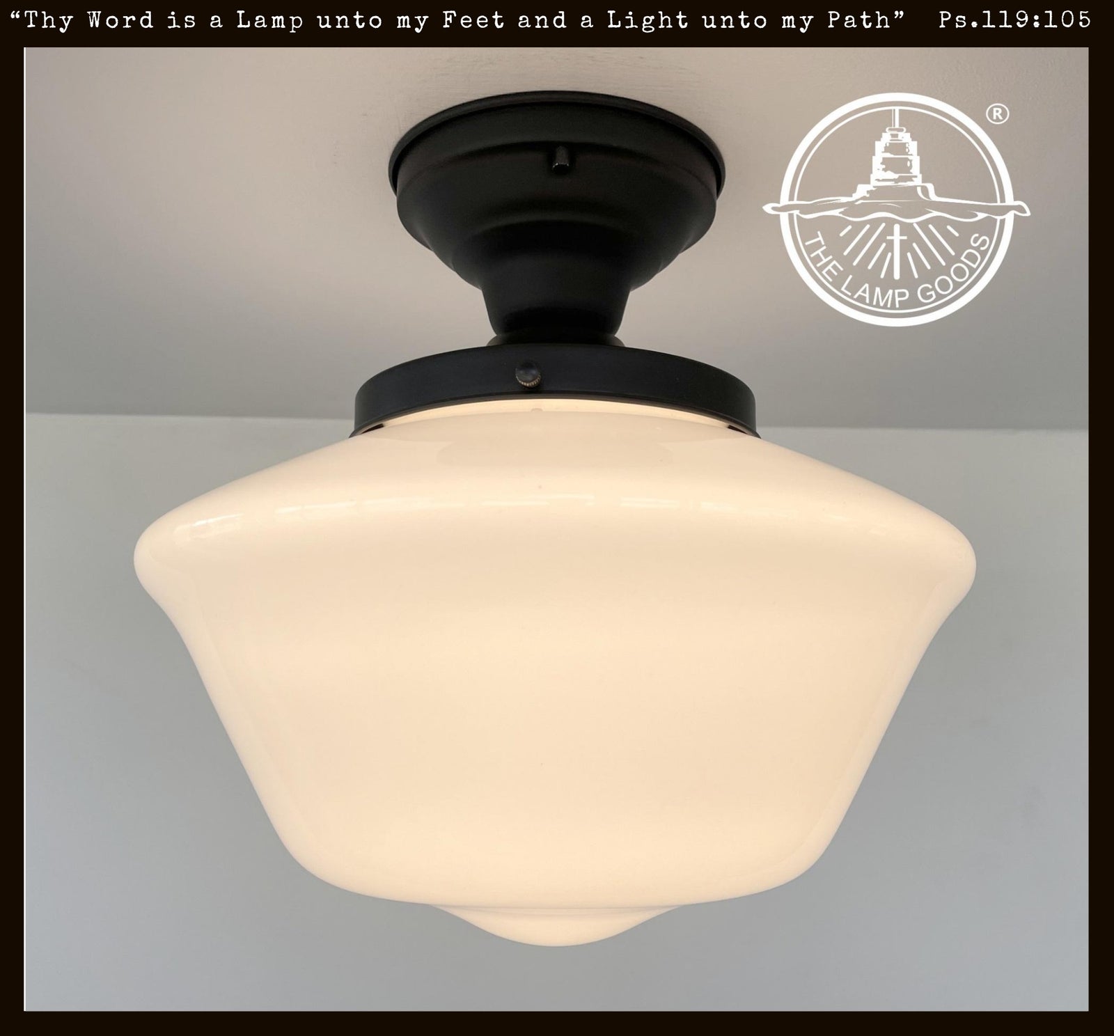 Elegant Schoolhouse 1930s antique milk glass ceiling light with black metal canopy.
