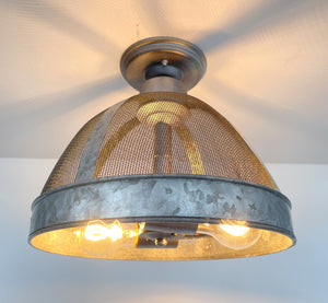 Rustic INDUSTRIAL Galvanized Screen Dome Flush Mount Cage Ceiling Light - The Lamp Goods