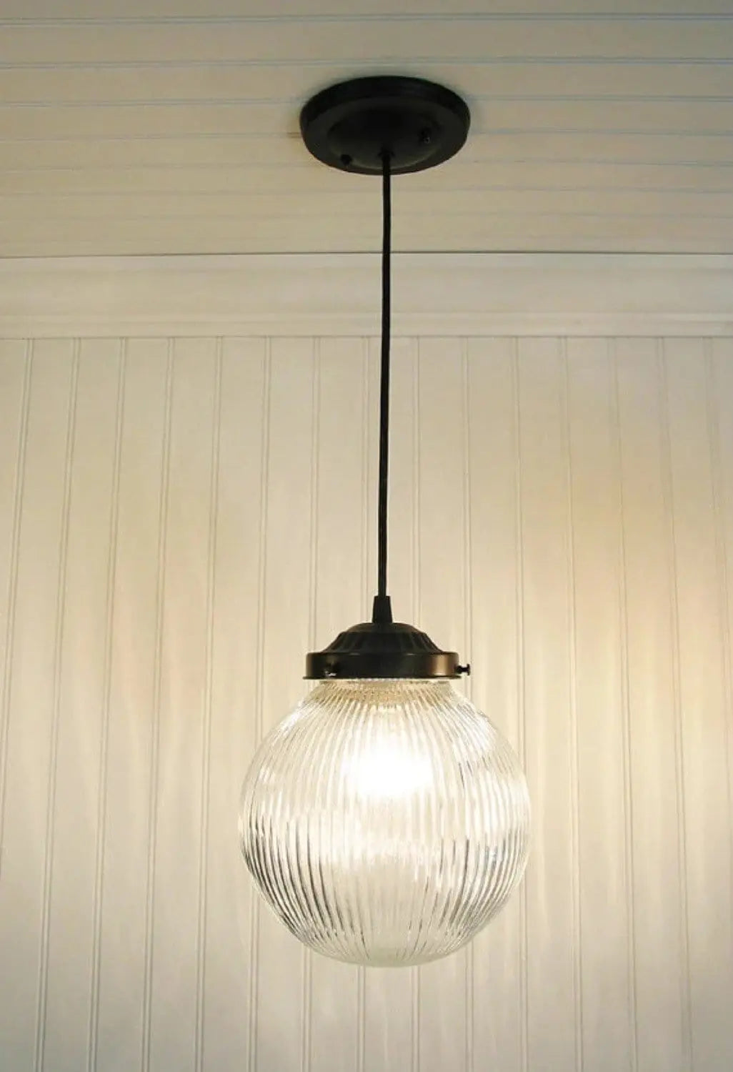 Factory Antique Large Glass Holophane Pendant Light