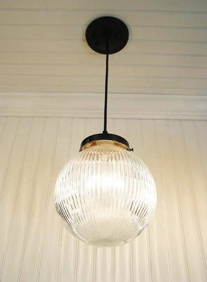 Factory Antique Large Glass Holophane Pendant Light