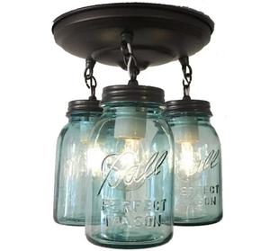 Vintage Blue Mason Jar Ceiling Lighting Fixture Chain Trio - The Lamp Goods
