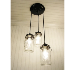 Vintage Mason Jar Quart Chandelier Pendant Light Trio