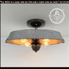 Galvanized zinc laundry room ceiling light fixture, oval shape, three-bulb design, from The Lamp Goods.

