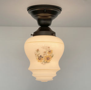 Vintage Painted Milk Glass Ceiling Light Fixture