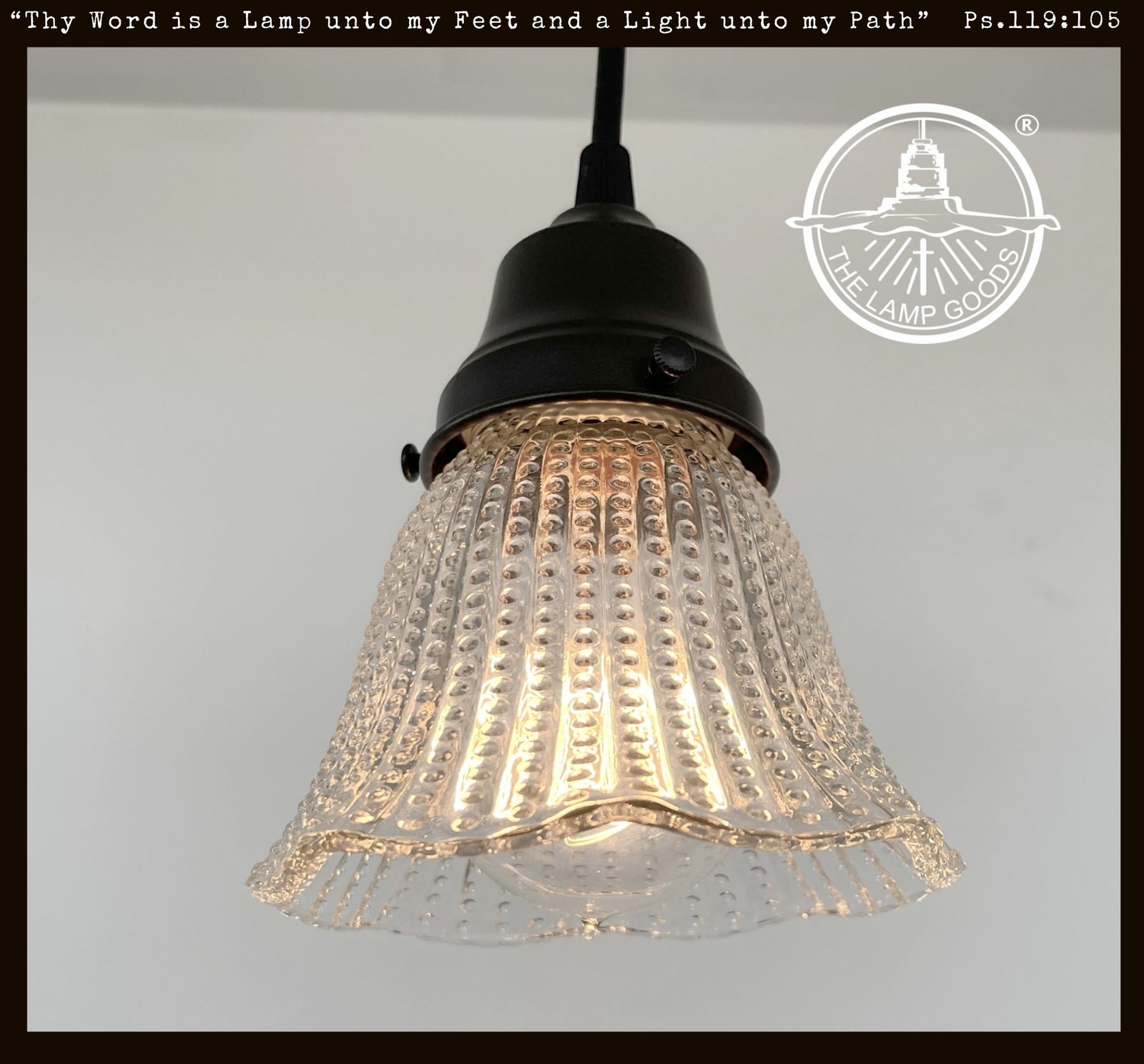 Petite Hobnail 1940s glass pendant light with bronze finish, clear glass shade.
