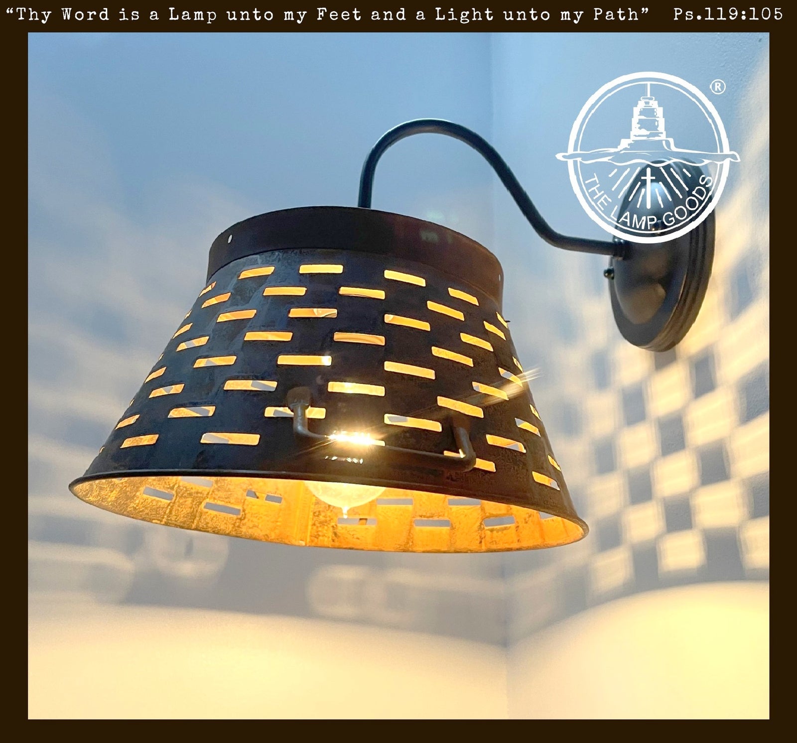 Galvanized farmhouse wall sconce with distressed metal shade; warm light.
