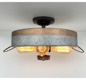 Modern Farmhouse Galvanized & Copper Tone Metal Flat Tub Ceiling Light Wood Accents - The Lamp Goods