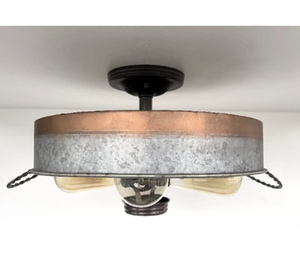 Modern Farmhouse Galvanized & Copper Tone Metal Flat Tub Ceiling Light Wood Accents - The Lamp Goods