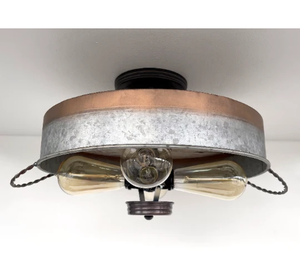 Modern Farmhouse Galvanized & Copper Tone Metal Flat Tub Ceiling Light Wood Accents - The Lamp Goods