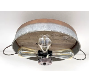 Modern Farmhouse Galvanized & Copper Tone Metal Flat Tub Ceiling Light Wood Accents - The Lamp Goods
