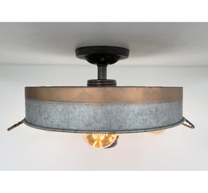 Modern Farmhouse Galvanized & Copper Tone Metal Flat Tub Ceiling Light Wood Accents - The Lamp Goods